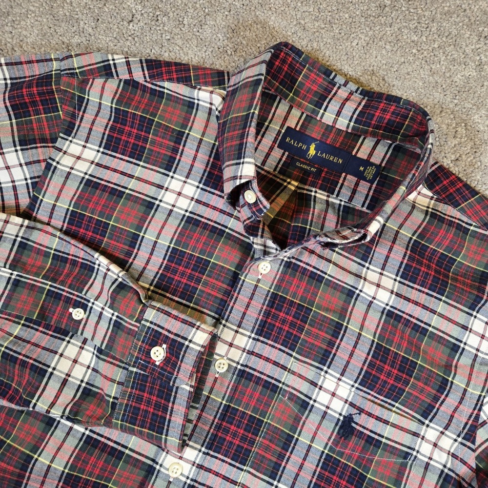 Polo Ralph‎ Lauren Men's Long Sleeve Medium Button Down Red Navy Plaid Pony
